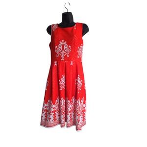 New York & Company Womens Red White Damask Border Print Flare Stretch Dress Sz S